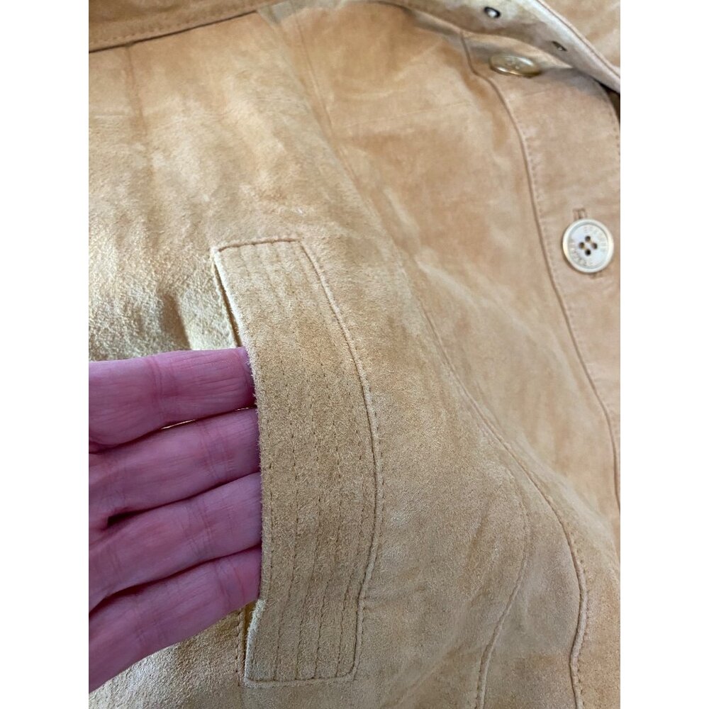 Bradley Bayou Mustard Yellow Suede Leather Trench Coat Grommet Detail Belt Large - Picture 9 of 14